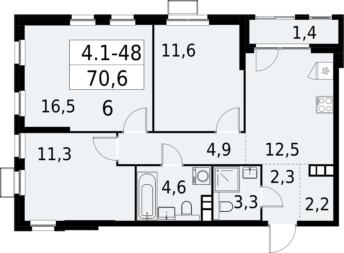 3-комнатная квартира с полной отделкой, 70.6 м2, 9 этаж, сдача 2 квартал 2027 г., ЖК Южные сады, корпус 4.1.1 - объявление 2392589 - фото №1