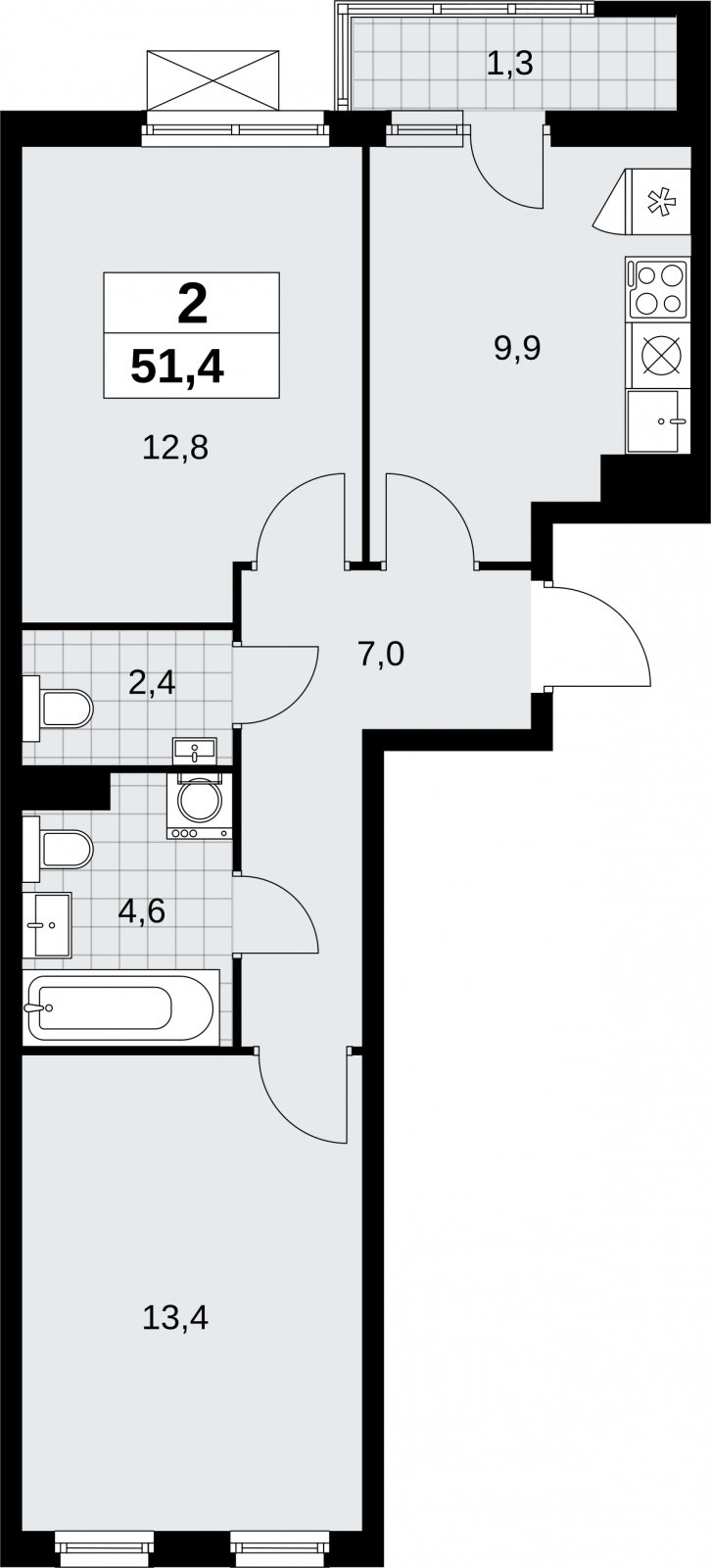 2-комнатная квартира с полной отделкой, 51.4 м2, 9 этаж, сдача 3 квартал 2026 г., ЖК Дзен-кварталы, корпус 6.1.3 - объявление 2327526 - фото №1