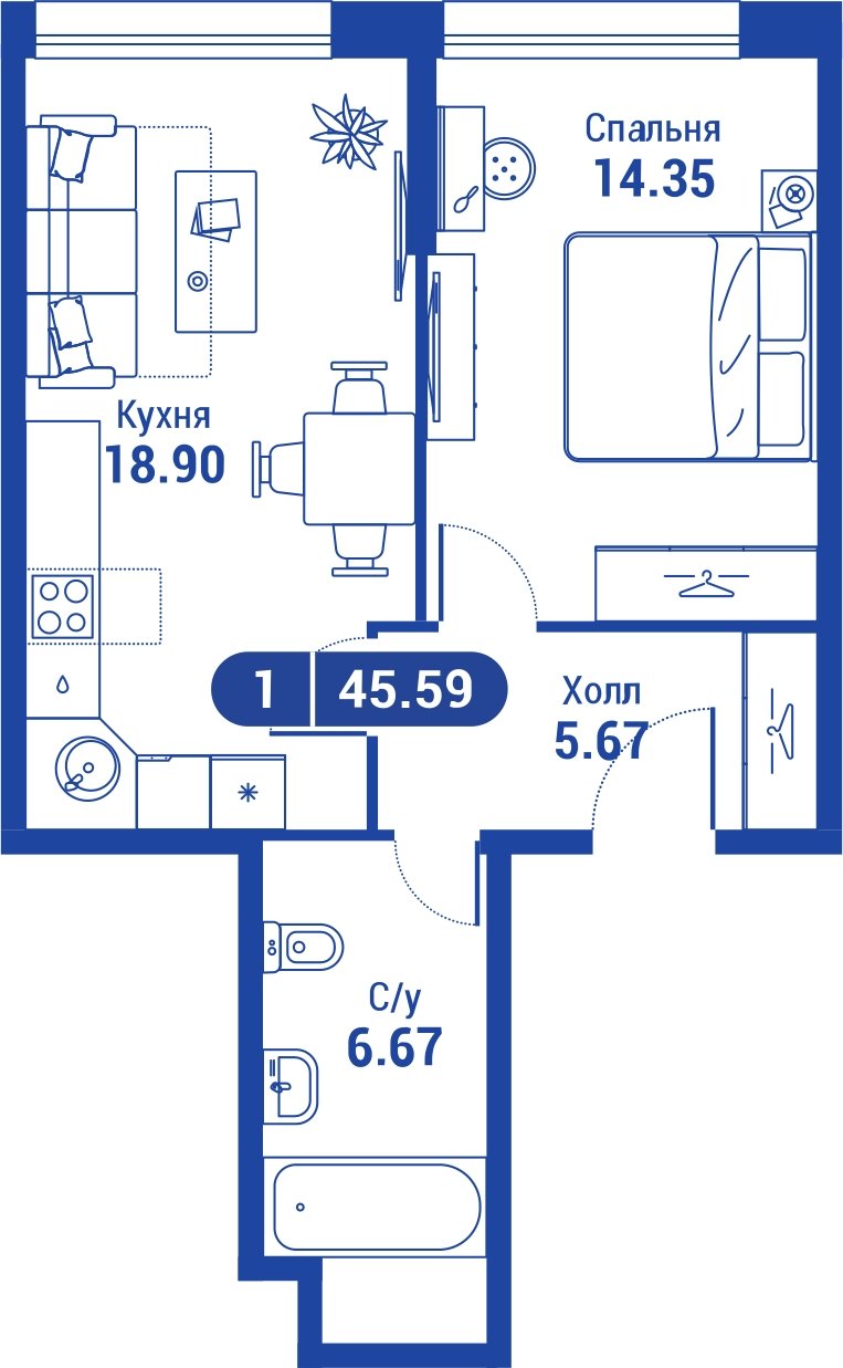 1-комнатная квартира без отделки, 42.18 м2, 24 этаж, сдача 4 квартал 2023 г., ЖК iLove, корпус 3 - объявление 2089343 - фото №1