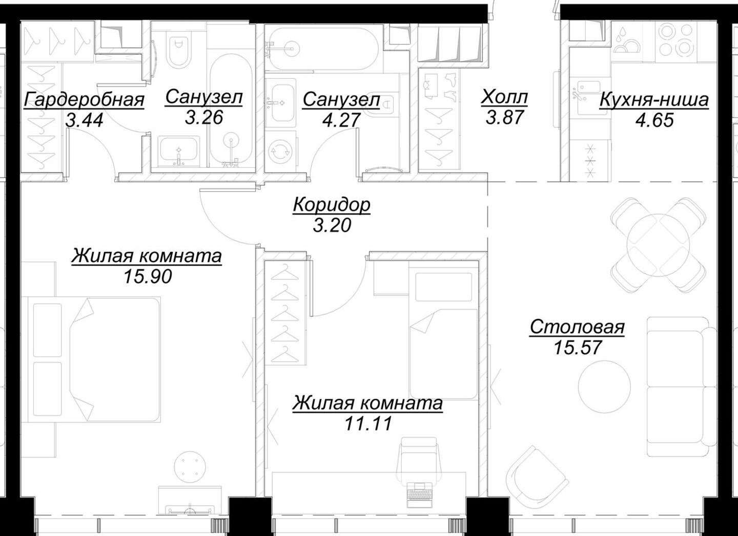 2-комнатная квартира с частичной отделкой, 65.14 м2, 43 этаж, сдача 4 квартал 2024 г., ЖК MOD, корпус Mann - объявление 2191585 - фото №1