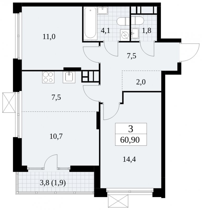3-комнатная квартира (евро) с полной отделкой, 60.9 м2, 13 этаж, сдача 2 квартал 2025 г., ЖК Скандинавия, корпус 2.27.1 - объявление 1840278 - фото №1