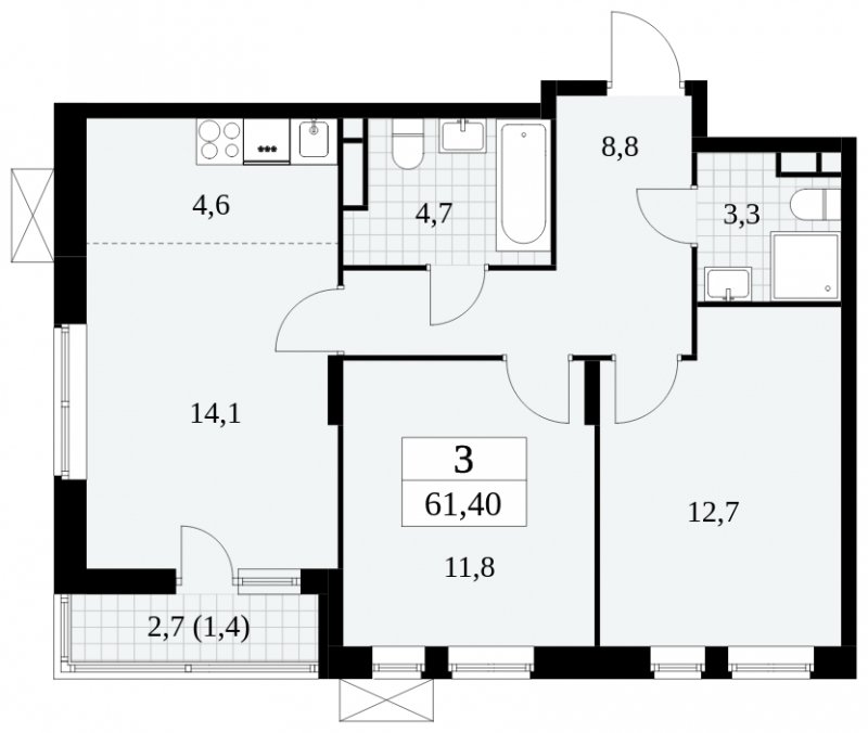 3-комнатная квартира (евро) без отделки, 61.4 м2, 5 этаж, сдача 2 квартал 2024 г., ЖК Прокшино, корпус 6.2 - объявление 1662863 - фото №1
