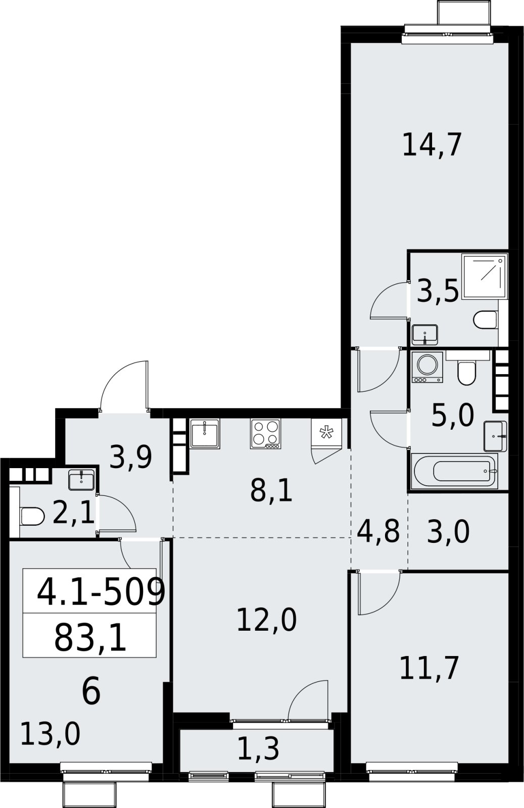 4-комнатная квартира (евро) с полной отделкой, 83.1 м2, 17 этаж, сдача 2 квартал 2027 г., ЖК Южные сады, корпус 4.1.2 - объявление 2393014 - фото №1