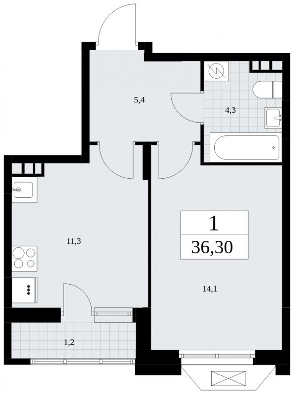 1-комнатная квартира без отделки, 36.3 м2, 7 этаж, сдача 4 квартал 2024 г., ЖК Бунинские кварталы, корпус 1.3 - объявление 1834653 - фото №1