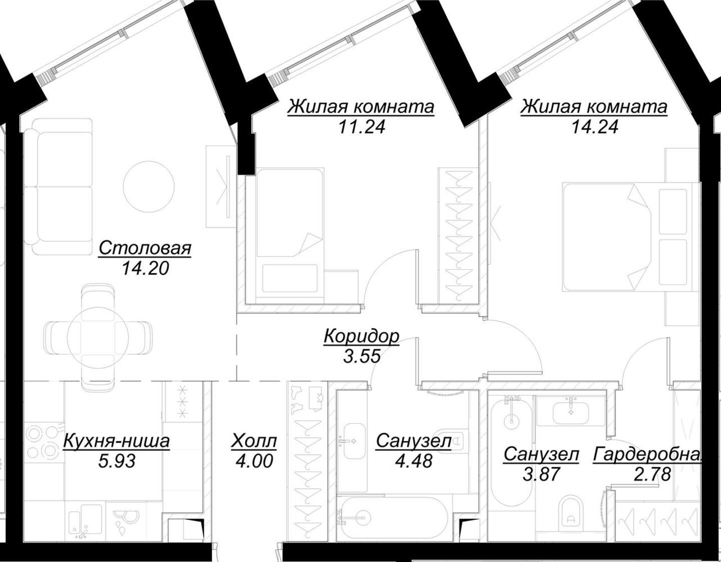 2-комнатная квартира с частичной отделкой, 64.29 м2, 4 этаж, сдача 4 квартал 2024 г., ЖК MOD, корпус Stein - объявление 2191547 - фото №1