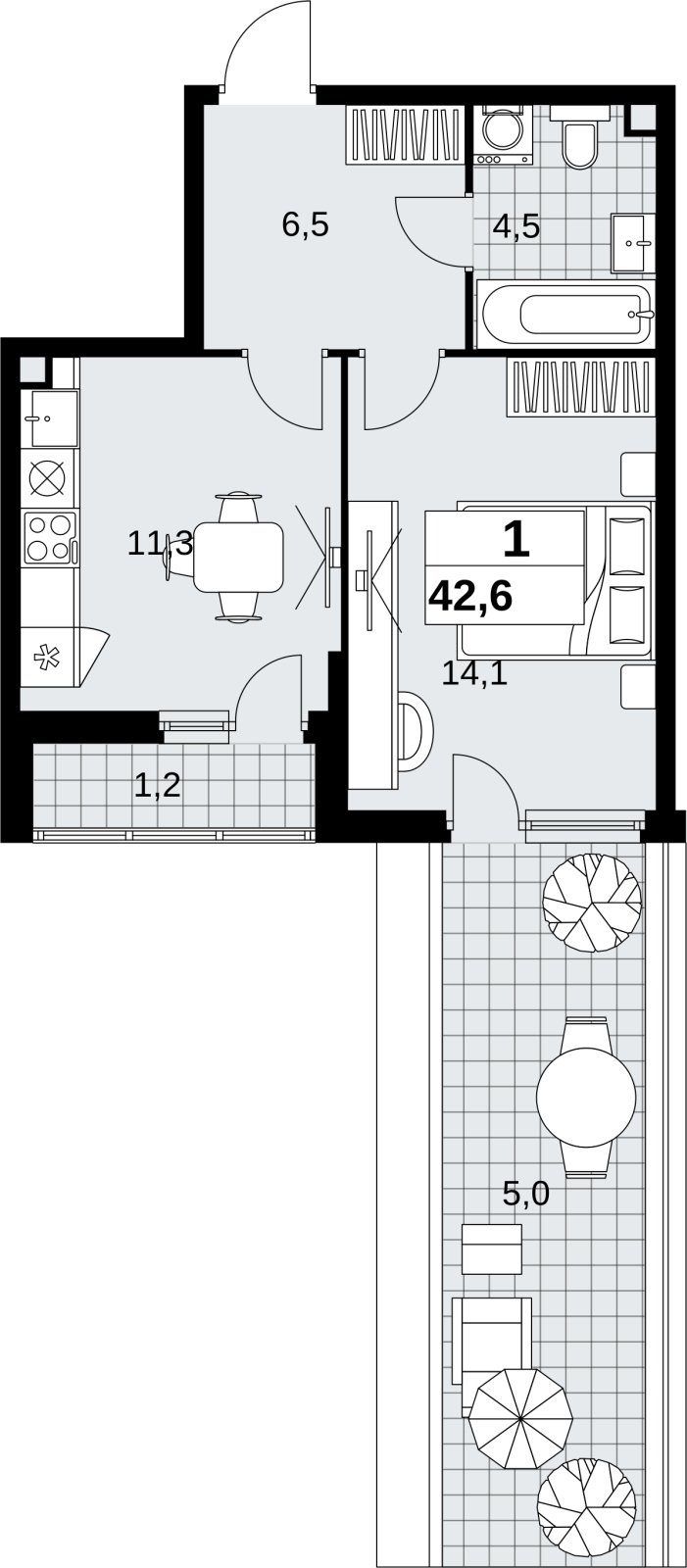 1-комнатная квартира без отделки, 42.6 м2, 2 этаж, сдача 4 квартал 2026 г., ЖК Скандинавия, корпус 2.18.2.4 - объявление 2351523 - фото №1