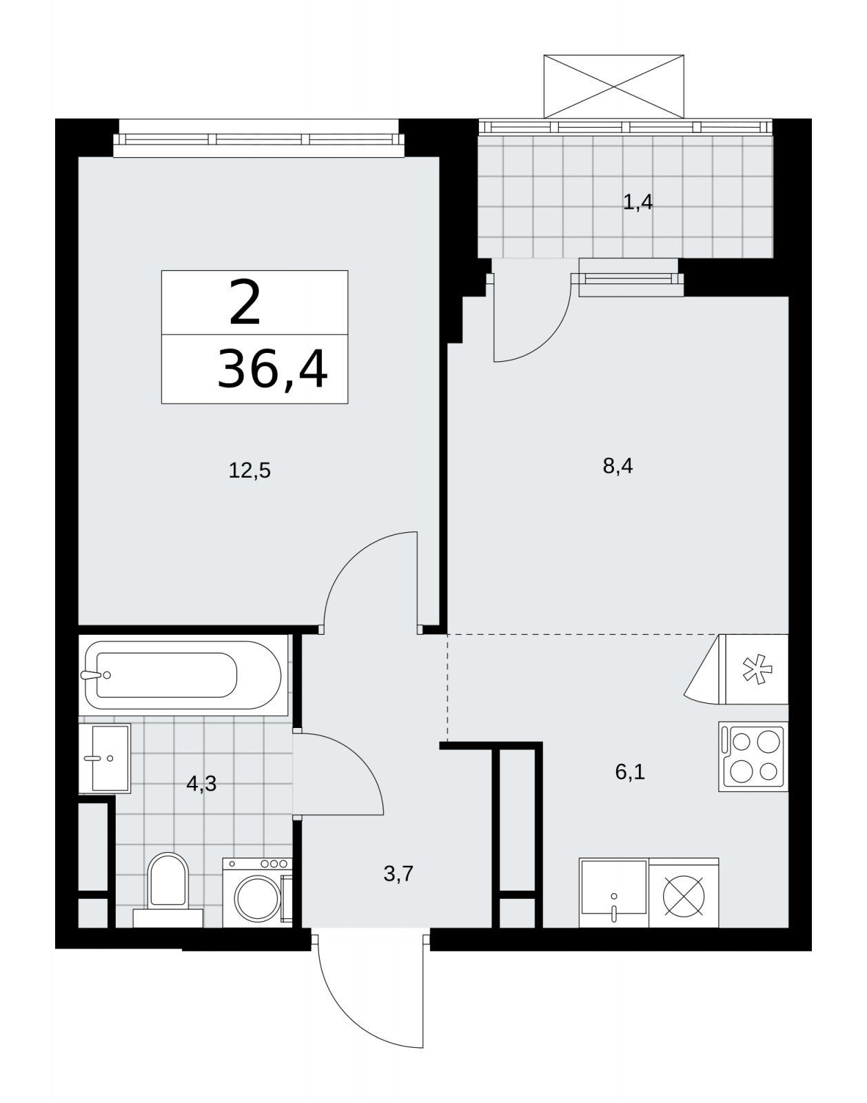 2-комнатная квартира (евро) без отделки, 36.4 м2, 16 этаж, сдача 1 квартал 2026 г., ЖК Прокшино, корпус 11.2.2 - объявление 2270168 - фото №1