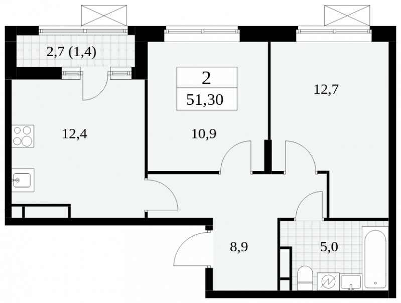 2-комнатная квартира с частичной отделкой, 51.3 м2, 15 этаж, сдача 2 квартал 2025 г., ЖК Прокшино, корпус 5.1.2 - объявление 1860115 - фото №1