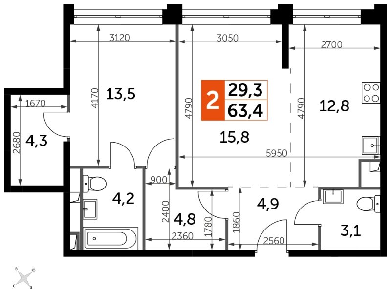 2-комнатная квартира без отделки, 63.4 м2, 43 этаж, сдача 1 квартал 2023 г., ЖК Sydney City, корпус 3 - объявление 1658323 - фото №1