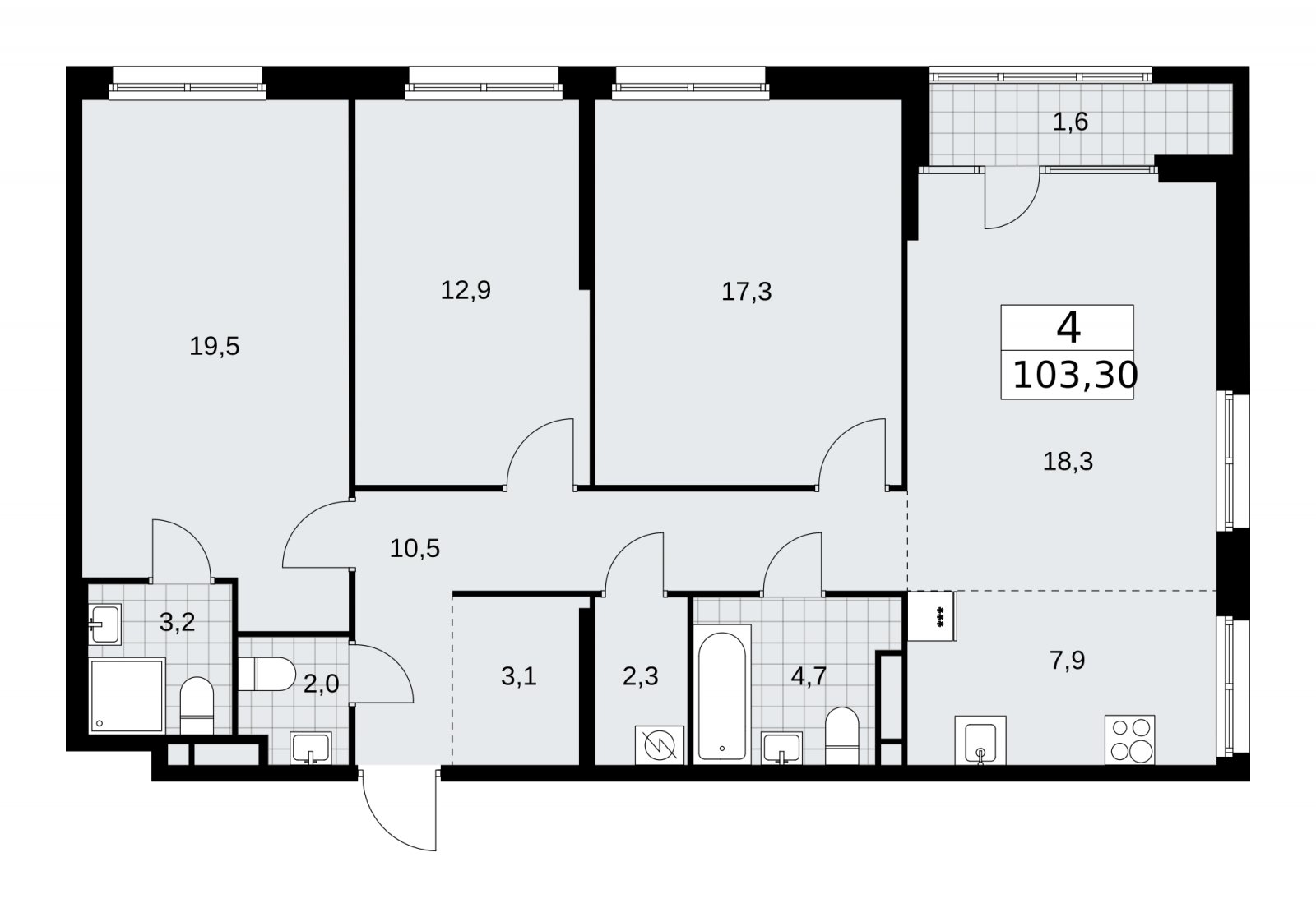 4-комнатная квартира (евро) с частичной отделкой, 103.3 м2, 13 этаж, сдача 1 квартал 2026 г., ЖК Дом на Зорге, корпус 25 - объявление 2221232 - фото №1