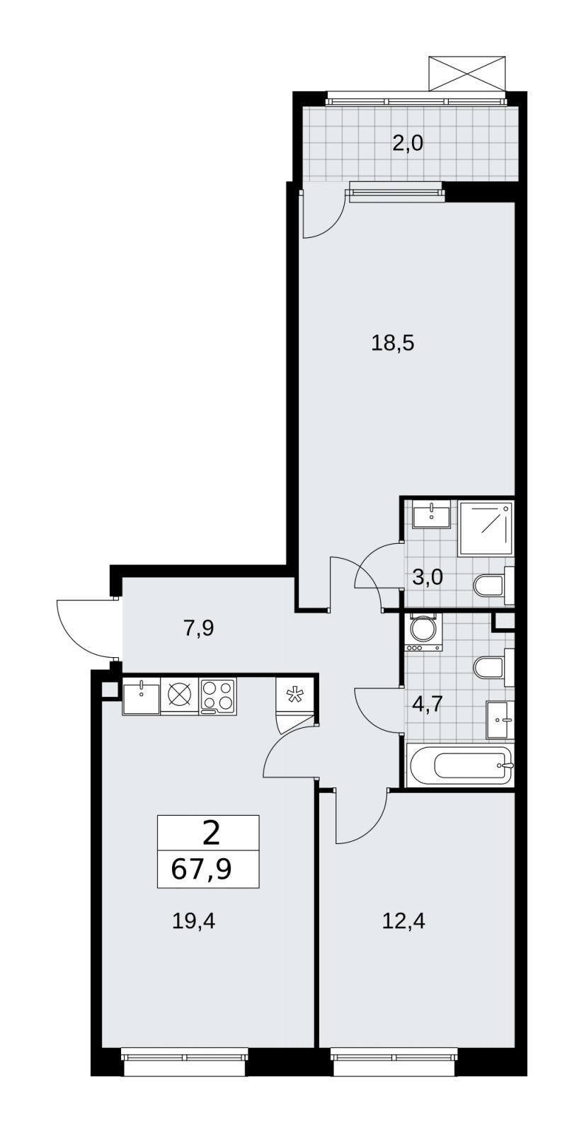 2-комнатная квартира без отделки, 67.9 м2, 2 этаж, сдача 1 квартал 2026 г., ЖК Дзен-кварталы, корпус 4.3 - объявление 2251609 - фото №1