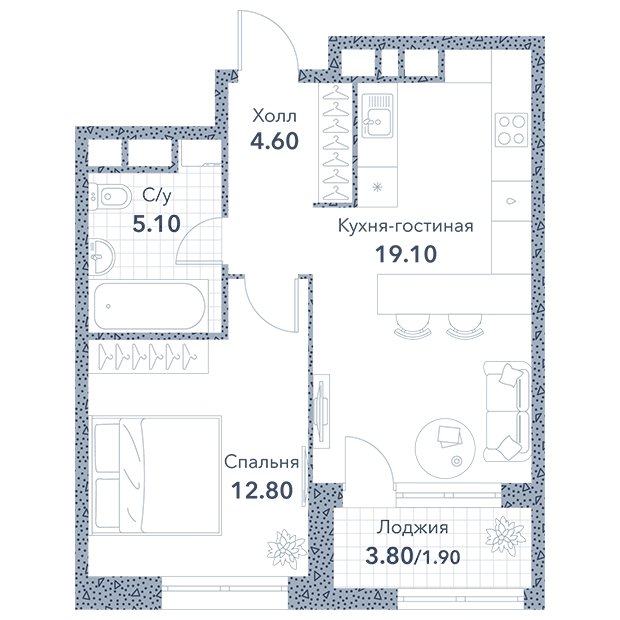 1-комнатная квартира без отделки, 43.5 м2, 13 этаж, сдача 3 квартал 2023 г., ЖК Серебряный фонтан, корпус 3 - объявление 1824045 - фото №1