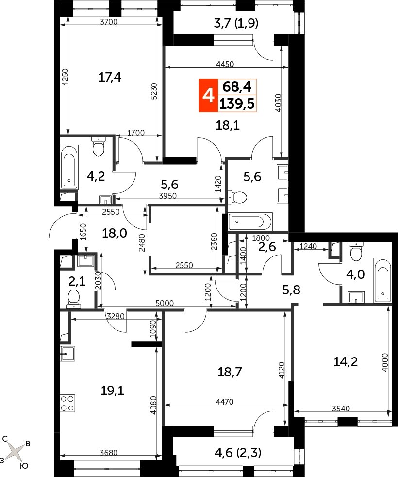 4-комнатная квартира с частичной отделкой, 139.5 м2, 11 этаж, сдача 3 квартал 2024 г., ЖК Sydney City, корпус 2.1 - объявление 2334427 - фото №1