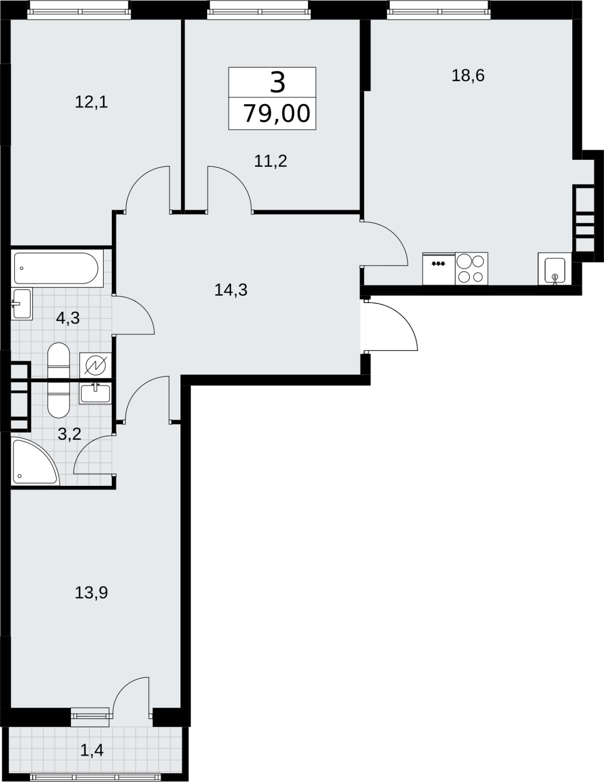 3-комнатная квартира с полной отделкой, 79 м2, 10 этаж, сдача 4 квартал 2026 г., ЖК Родные кварталы, корпус 3.3 - объявление 2378539 - фото №1