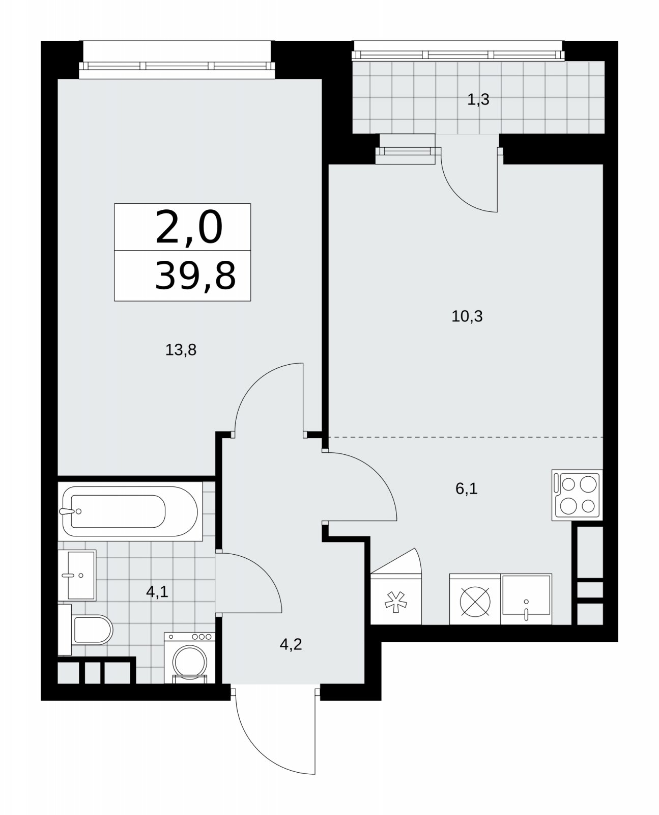 2-комнатная квартира (евро) с частичной отделкой, 39.8 м2, 9 этаж, сдача 2 квартал 2026 г., ЖК Дзен-кварталы, корпус 3.4 - объявление 2241886 - фото №1