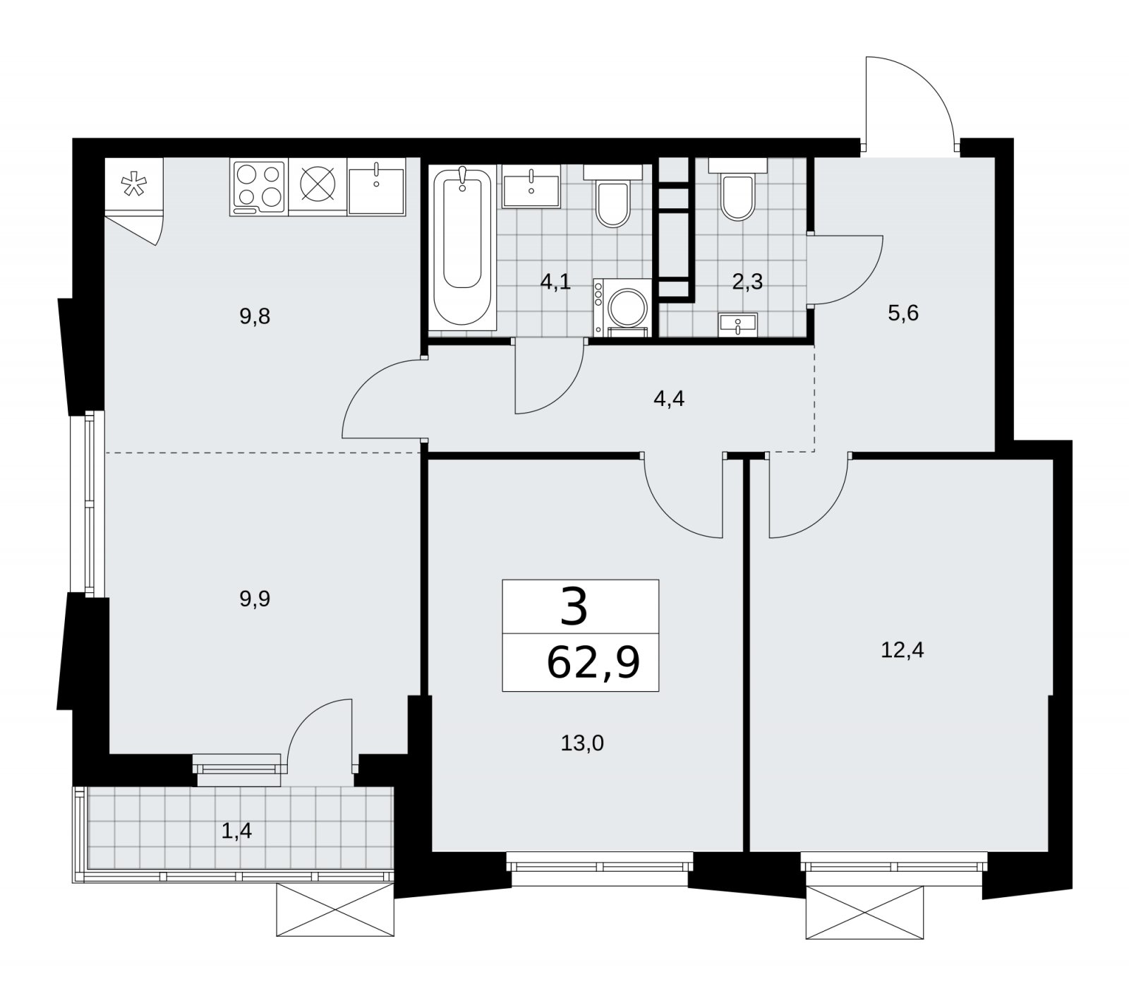 3-комнатная квартира (евро) с частичной отделкой, 62.9 м2, 19 этаж, сдача 1 квартал 2026 г., ЖК Прокшино, корпус 11.1.2 - объявление 2257347 - фото №1
