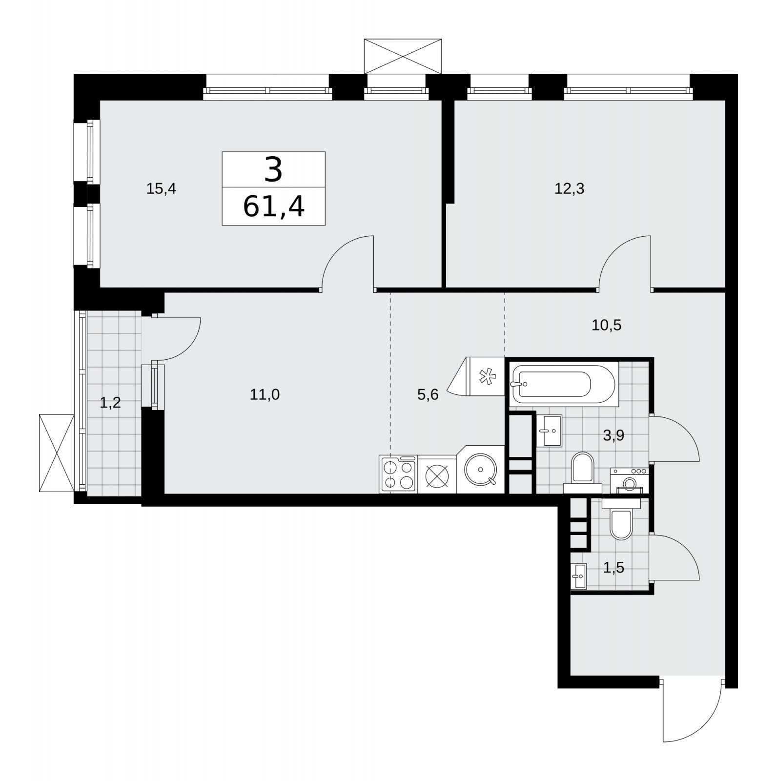 3-комнатная квартира (евро) без отделки, 61.4 м2, 6 этаж, сдача 1 квартал 2026 г., ЖК Скандинавия, корпус 37.2.3 - объявление 2254681 - фото №1