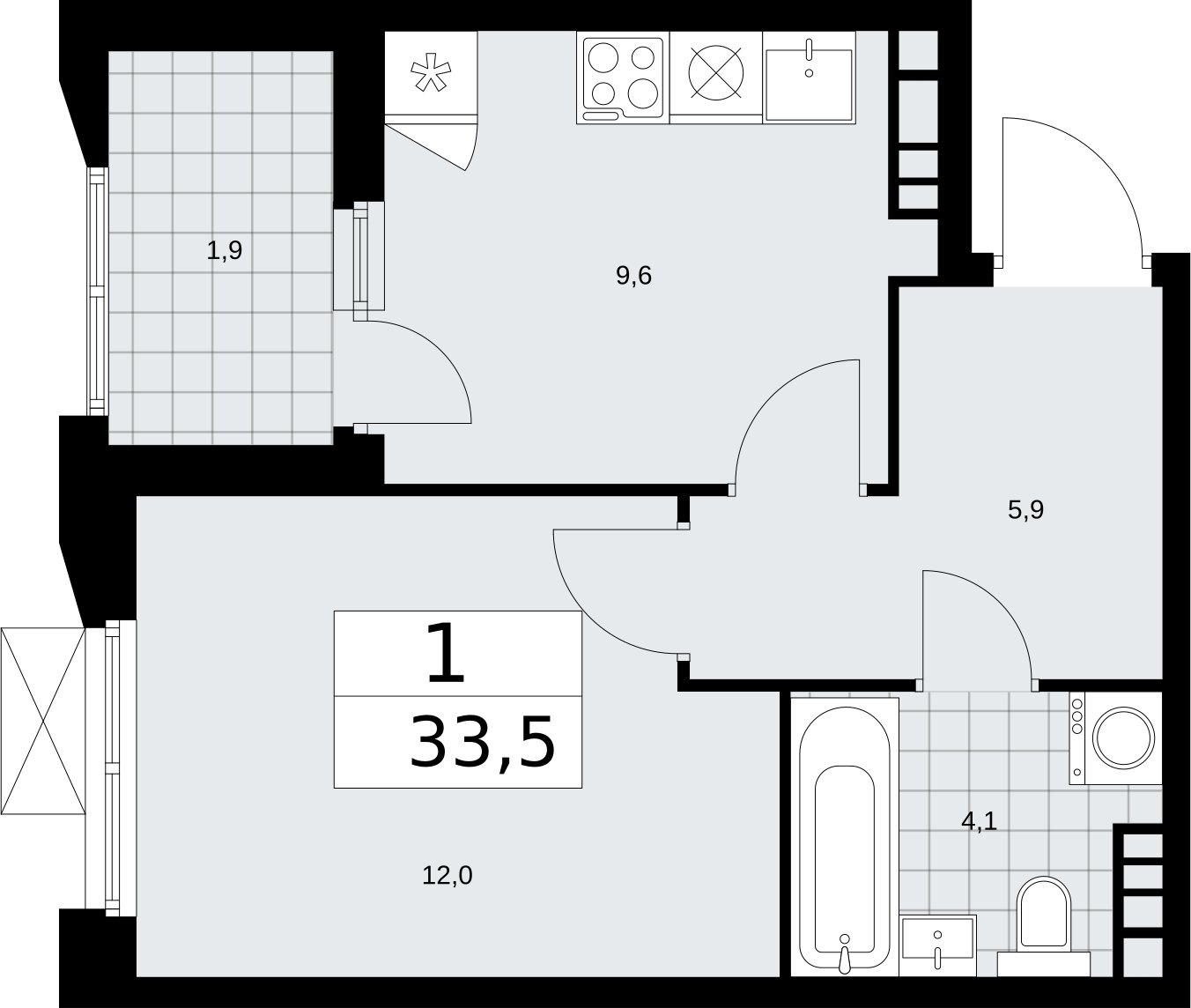 1-комнатная квартира без отделки, 33.5 м2, 18 этаж, сдача 2 квартал 2026 г., ЖК Бунинские кварталы, корпус 5.2 - объявление 2297448 - фото №1