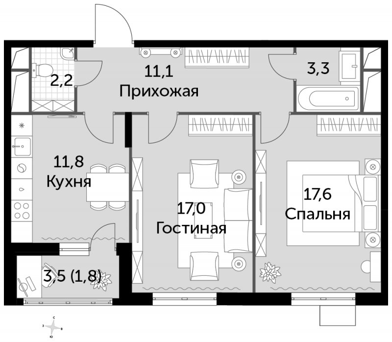 2-комнатная квартира без отделки, 64.8 м2, 4 этаж, сдача 3 квартал 2023 г., ЖК UP-квартал Римский, корпус 7 - объявление 1501367 - фото №1