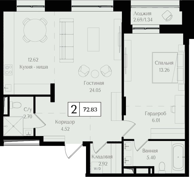 2-комнатная квартира (евро) без отделки, 72.83 м2, 6 этаж, сдача 3 квартал 2025 г., ЖК Преображенская площадь, корпус 3 - объявление 2279831 - фото №1