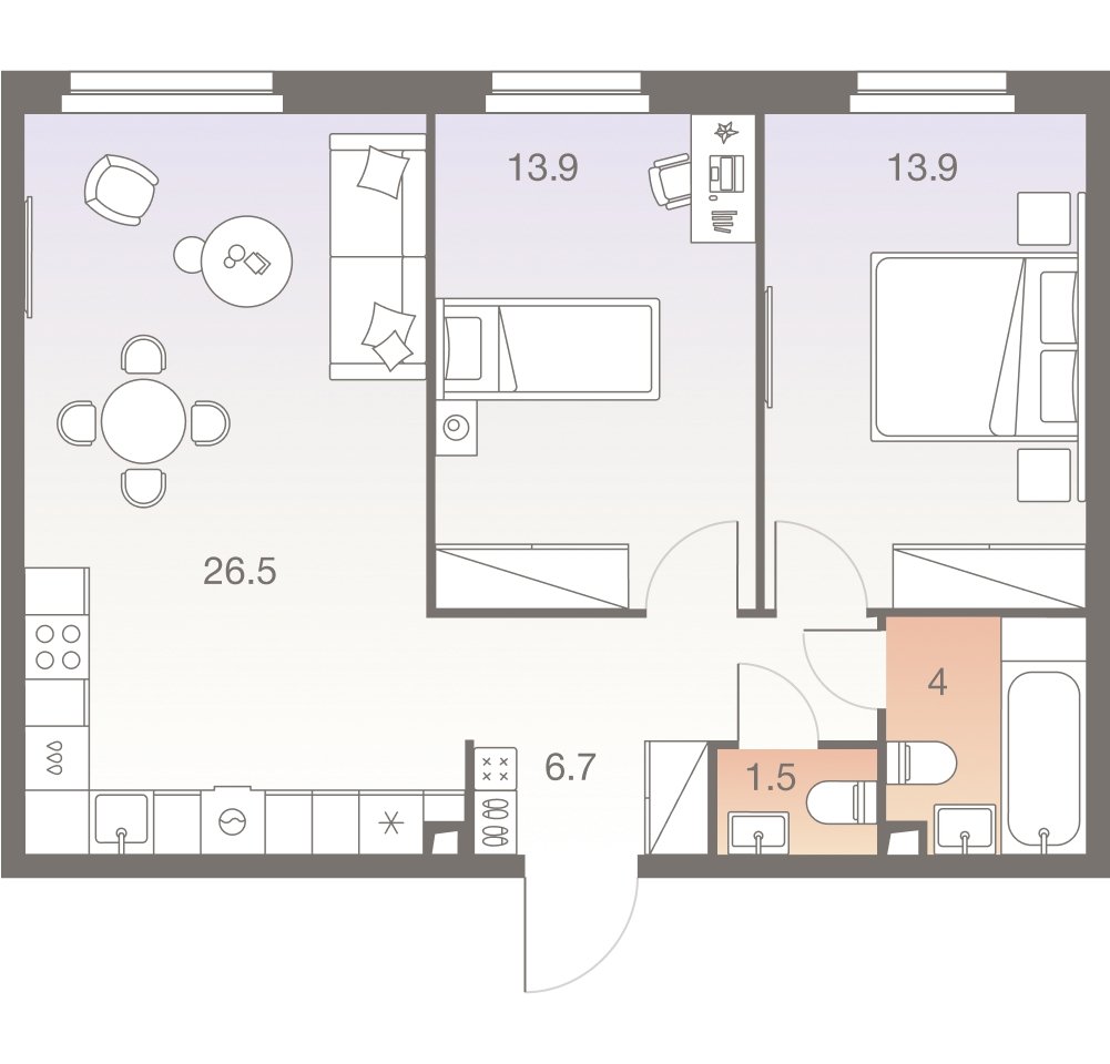 3-комнатная квартира без отделки, 66.5 м2, 27 этаж, сдача 1 квартал 2026 г., ЖК Twelve, корпус 3 - объявление 2331891 - фото №1