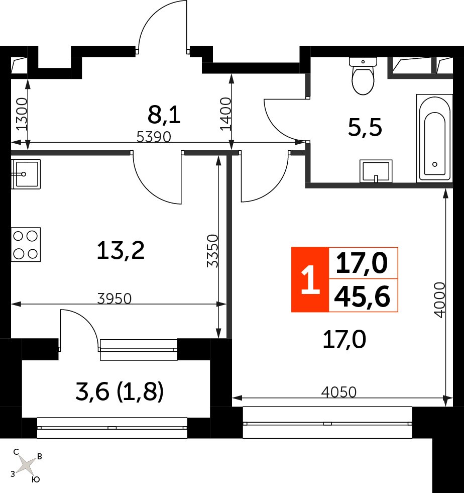 1-комнатная квартира с частичной отделкой, 45.6 м2, 5 этаж, сдача 3 квартал 2024 г., ЖК Sydney City, корпус 2.1 - объявление 2353854 - фото №1