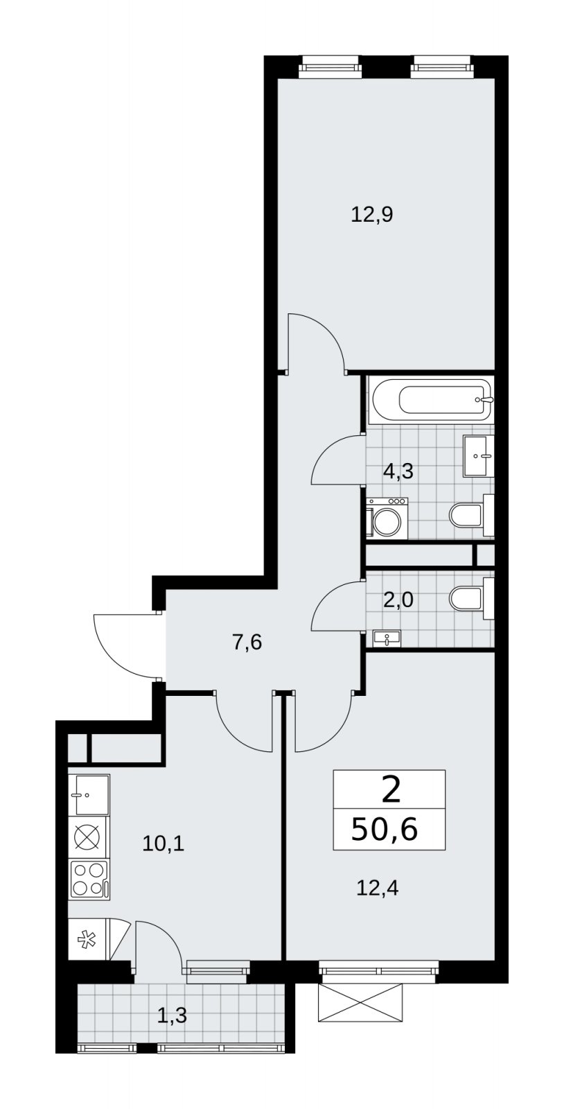 2-комнатная квартира без отделки, 50.6 м2, 16 этаж, сдача 4 квартал 2025 г., ЖК Прокшино, корпус 11.1.4 - объявление 2257782 - фото №1