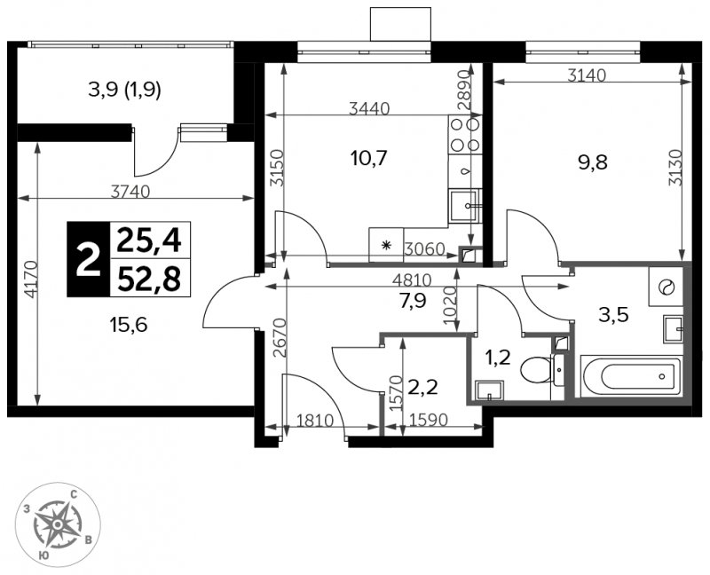 2-комнатная квартира с частичной отделкой, 52.8 м2, 11 этаж, сдача 3 квартал 2023 г., ЖК Южная Битца, корпус 11 - объявление 1658824 - фото №1