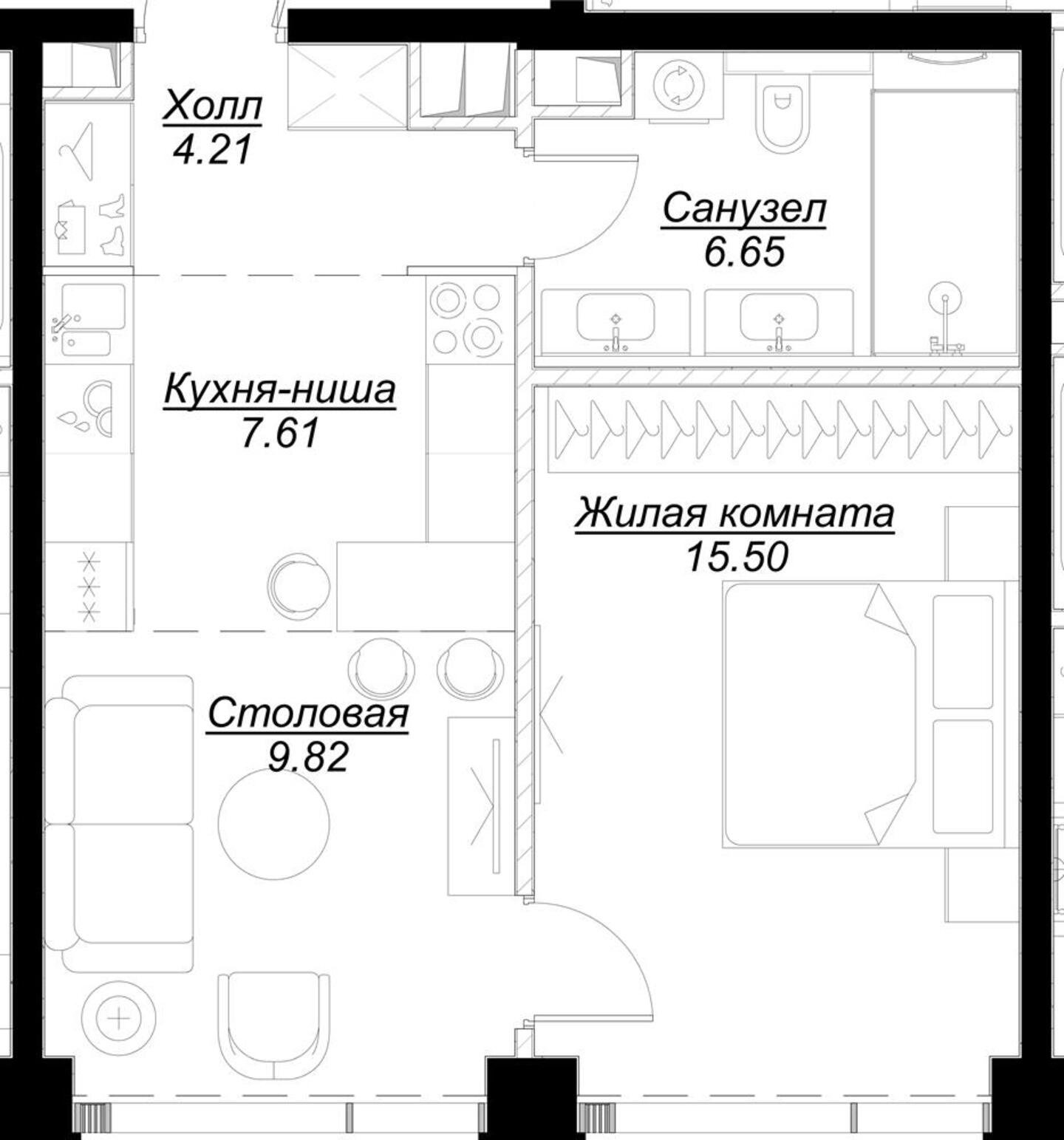 1-комнатная квартира с полной отделкой, 43.7 м2, 33 этаж, сдача 4 квартал 2024 г., ЖК MOD, корпус Mann - объявление 2191512 - фото №1