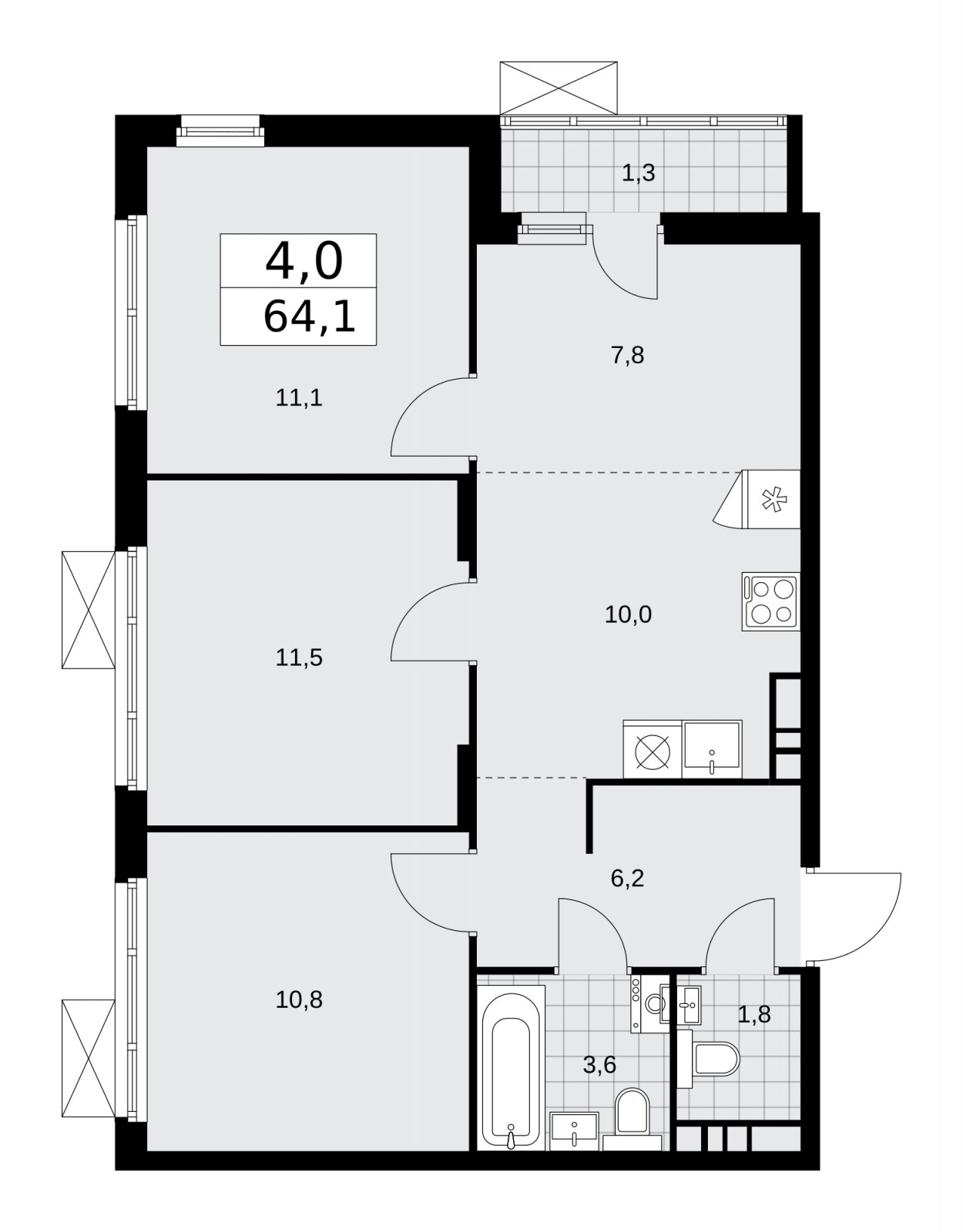 4-комнатная квартира (евро) без отделки, 64.1 м2, 10 этаж, сдача 1 квартал 2026 г., ЖК Прокшино, корпус 10.1.2 - объявление 2227137 - фото №1