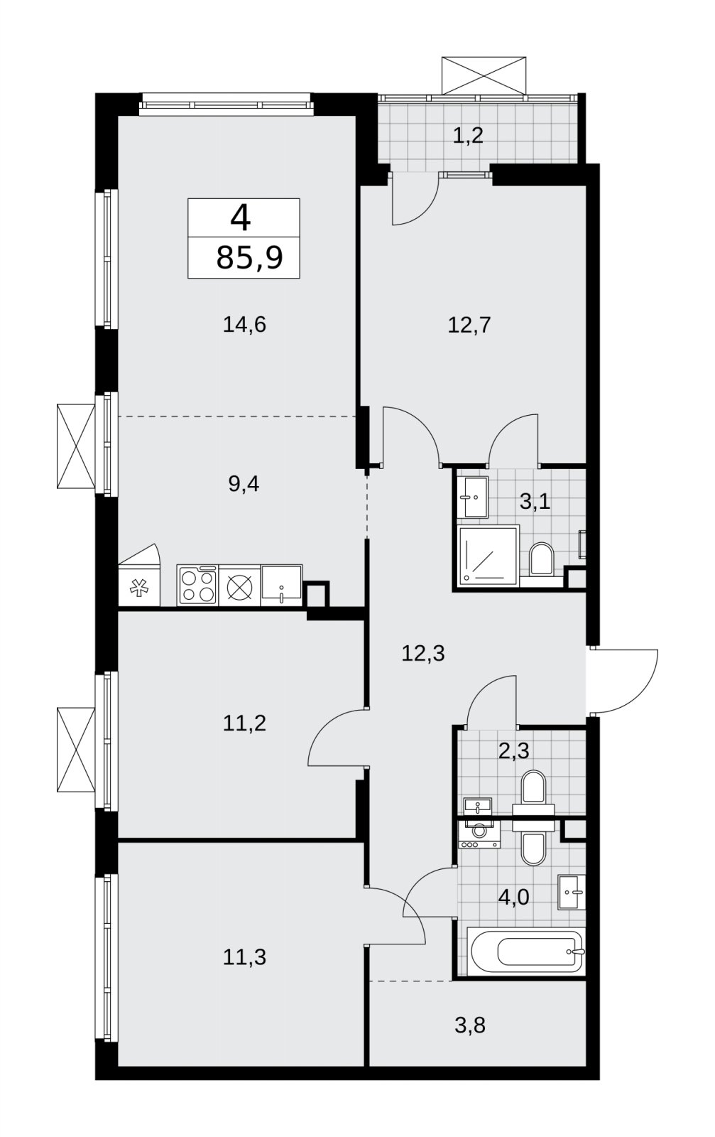4-комнатная квартира (евро) с полной отделкой, 85.9 м2, 2 этаж, сдача 2 квартал 2026 г., ЖК Деснаречье, корпус 4.7 - объявление 2264831 - фото №1