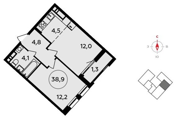 2-комнатная квартира (евро) без отделки, 38.9 м2, 14 этаж, сдача 3 квартал 2023 г., ЖК Прокшино, корпус 4.5 - объявление 1498521 - фото №1