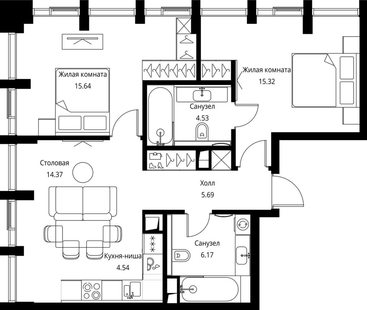 2-комнатная квартира с частичной отделкой, 66.26 м2, 5 этаж, сдача 3 квартал 2026 г., ЖК City Bay, корпус North Ocean 10 - объявление 2240558 - фото №1