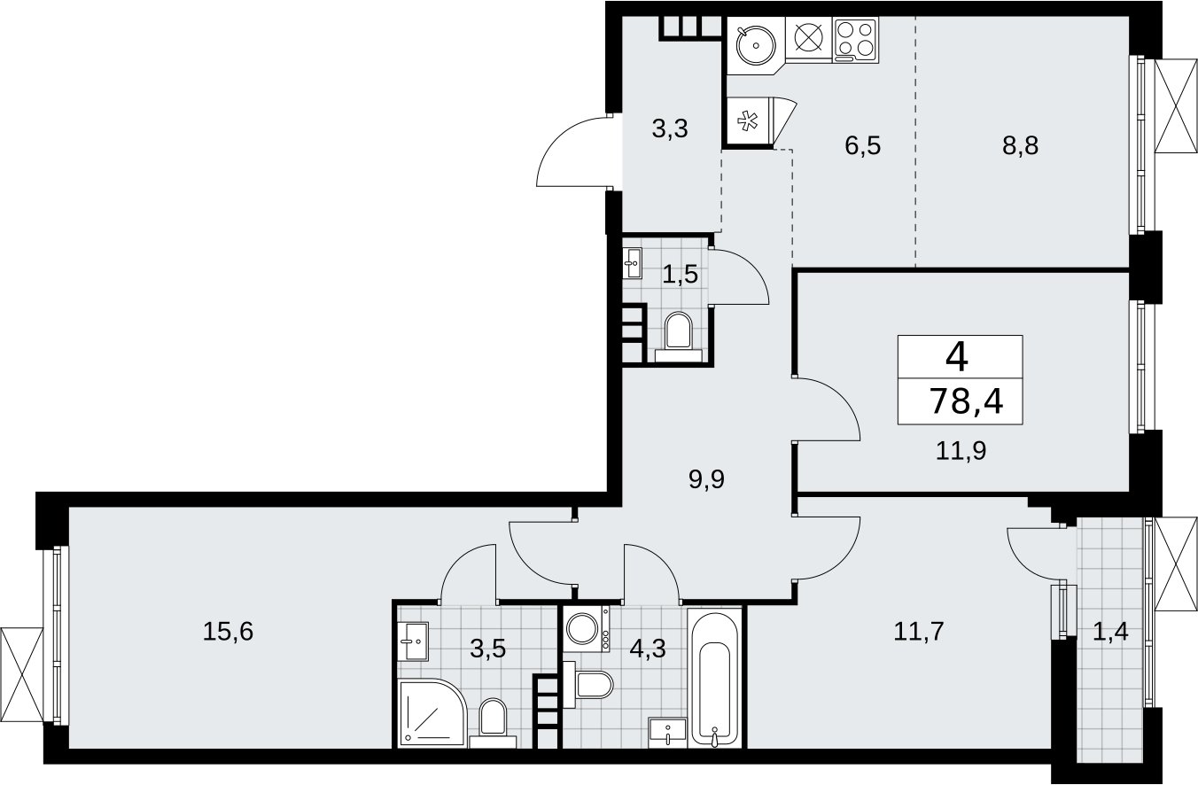 4-комнатная квартира (евро) с частичной отделкой, 78.4 м2, 4 этаж, сдача 2 квартал 2026 г., ЖК Бунинские кварталы, корпус 5.1 - объявление 2297202 - фото №1