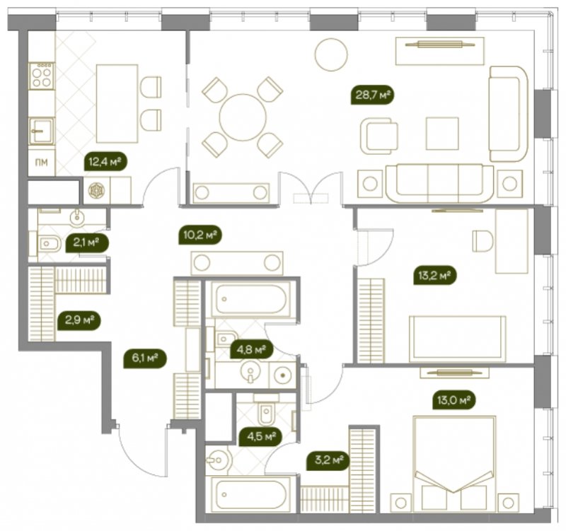 3-комнатная квартира без отделки, 101.4 м2, 10 этаж, дом сдан, ЖК West Garden, корпус River line, корпус 5 - объявление 1616566 - фото №1