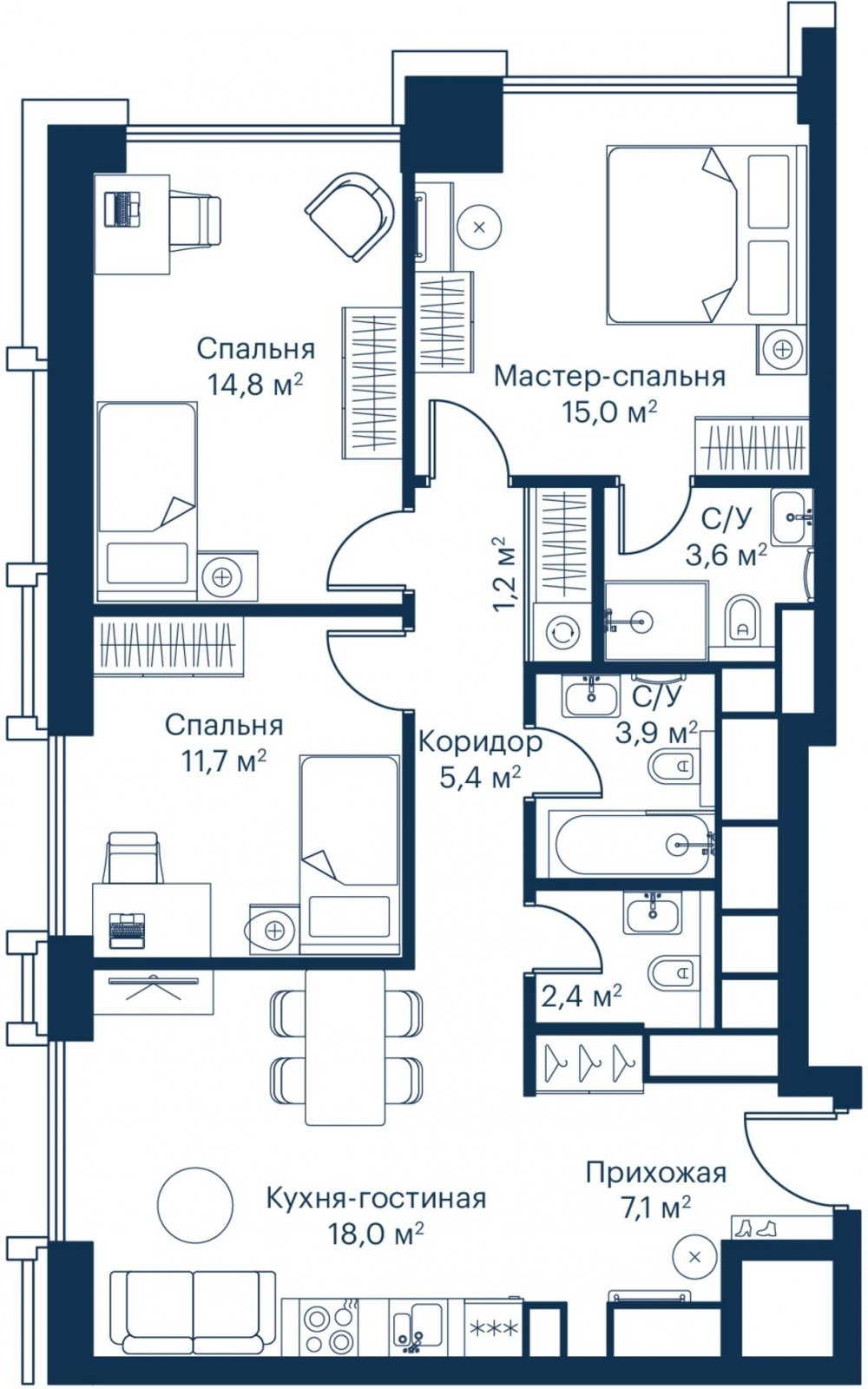 3-комнатная квартира с частичной отделкой, 83.18 м2, 41 этаж, сдача 2 квартал 2024 г., ЖК City Bay, корпус Indian Ocean 1 - объявление 2209177 - фото №1