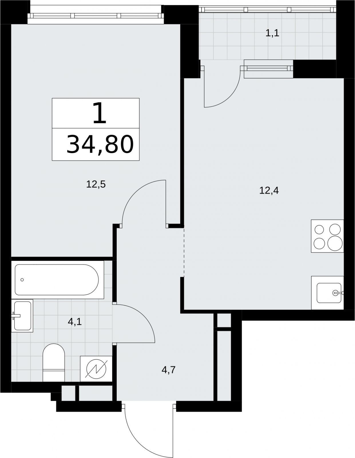 1-комнатная квартира с полной отделкой, 34.8 м2, 9 этаж, сдача 4 квартал 2026 г., ЖК Родные кварталы, корпус 1.2 - объявление 2318229 - фото №1