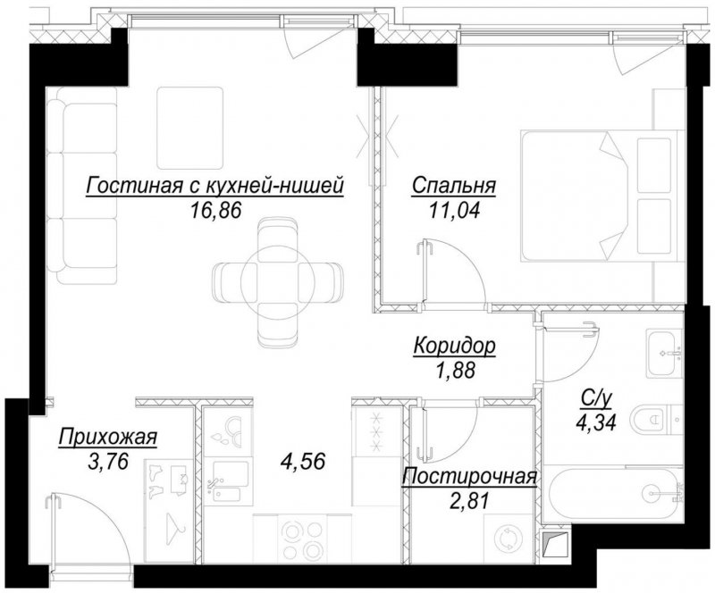 1-комнатная квартира с частичной отделкой, 45.4 м2, 21 этаж, сдача 1 квартал 2023 г., ЖК Hide, корпус RiverSide - объявление 1756837 - фото №1