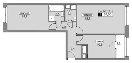2-комнатная квартира без отделки, 57.5 м2, 9 этаж, сдача 4 квартал 2022 г., ЖК Румянцево-Парк, корпус 3 - объявление 1187299 - фото №1
