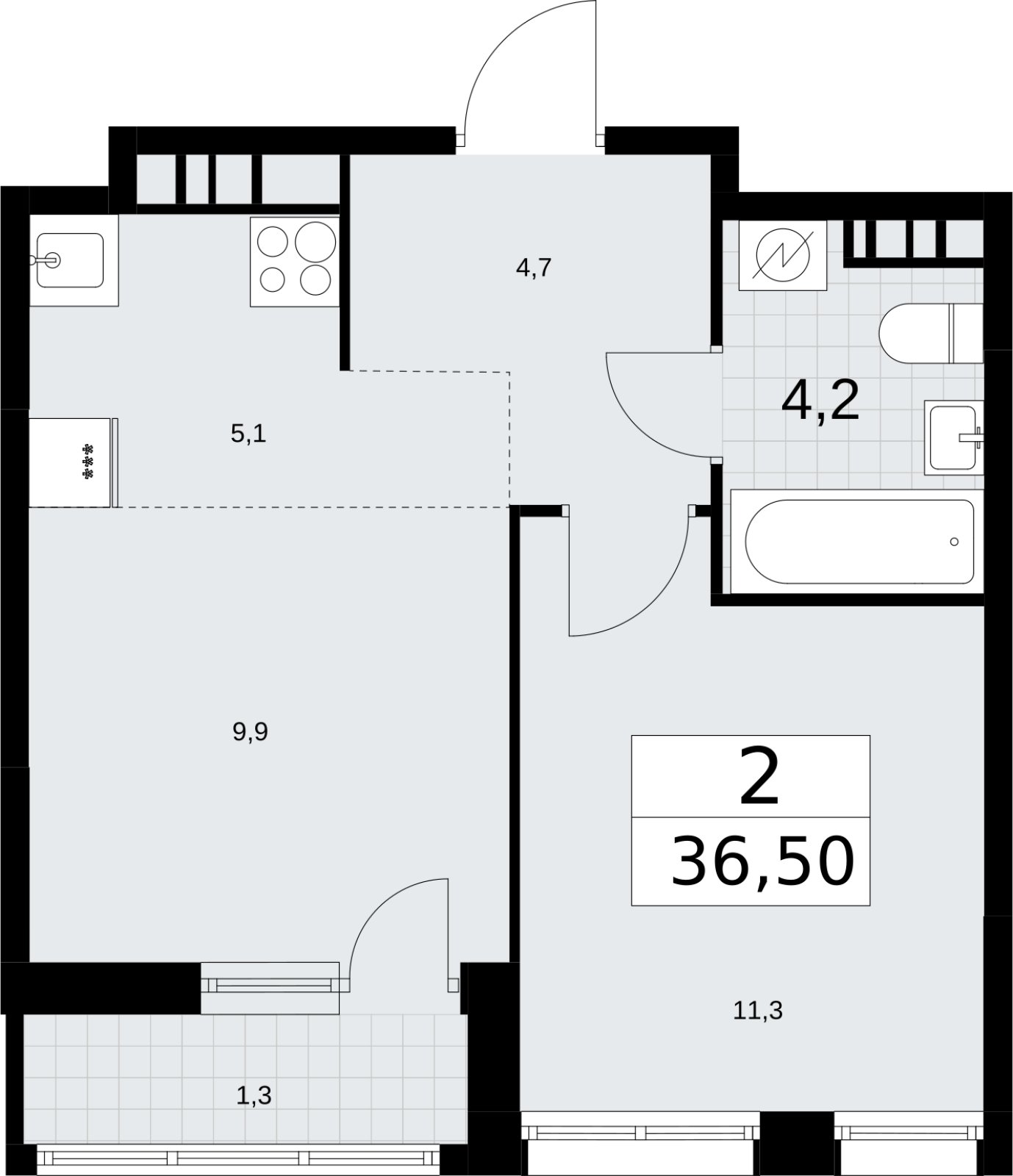 2-комнатная квартира (евро) без отделки, 36.5 м2, 5 этаж, сдача 3 квартал 2026 г., ЖК Родные кварталы, корпус 3.4 - объявление 2378664 - фото №1