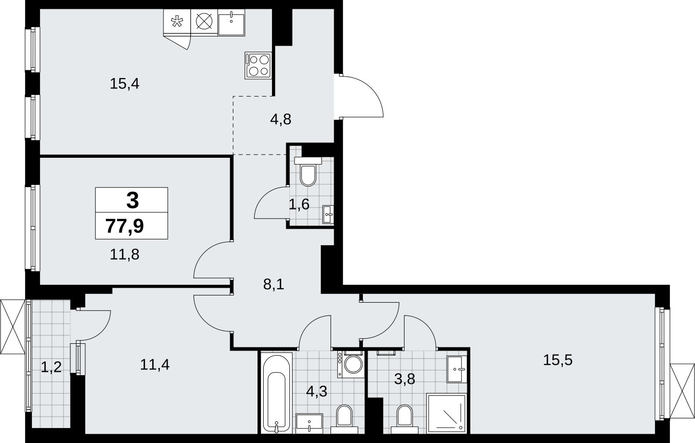 3-комнатная квартира без отделки, 77.9 м2, 5 этаж, сдача 1 квартал 2026 г., ЖК Дзен-кварталы, корпус 6.2.1 - объявление 2328468 - фото №1