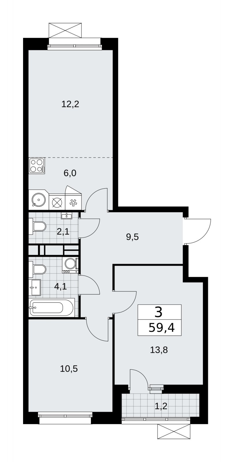 3-комнатная квартира (евро) без отделки, 59.4 м2, 8 этаж, сдача 2 квартал 2026 г., ЖК Скандинавия, корпус 25.4 - объявление 2284209 - фото №1