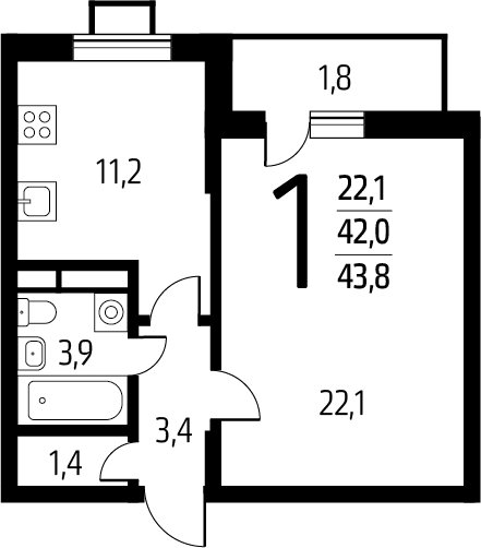 1-комнатная квартира без отделки, 43.8 м2, 8 этаж, сдача 1 квартал 2025 г., ЖК Новые Ватутинки. Заречный, корпус 5/3 - объявление 2271909 - фото №1