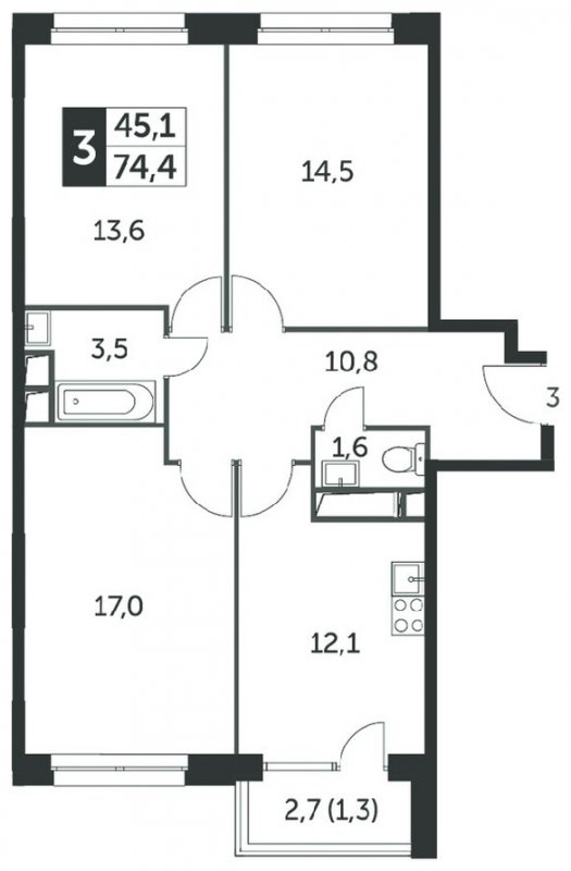 3-комнатная квартира с полной отделкой, 74.5 м2, 11 этаж, сдача 4 квартал 2023 г., ЖК Датский квартал, корпус 2 - объявление 1568215 - фото №1