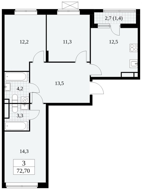 3-комнатная квартира с частичной отделкой, 72.7 м2, 8 этаж, сдача 2 квартал 2025 г., ЖК Прокшино, корпус 5.1.1 - объявление 1859996 - фото №1