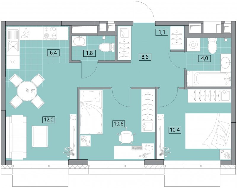 3-комнатная квартира (евро) с полной отделкой, 54.95 м2, 9 этаж, сдача 2 квартал 2022 г., ЖК Вестердам, корпус 3 - объявление 1522253 - фото №1