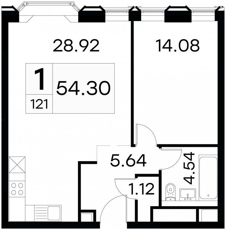 1-комнатные апартаменты с частичной отделкой, 54.3 м2, 11 этаж, сдача 3 квартал 2024 г., ЖК GloraX Aura Белорусская, корпус 1 - объявление 1708631 - фото №1
