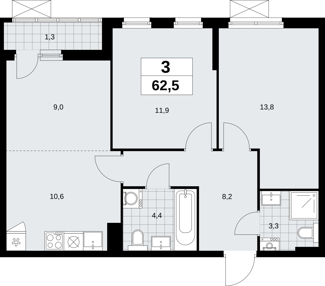 3-комнатная квартира (евро) с полной отделкой, 62.5 м2, 8 этаж, сдача 3 квартал 2026 г., ЖК Дзен-кварталы, корпус 6.1.3 - объявление 2328081 - фото №1