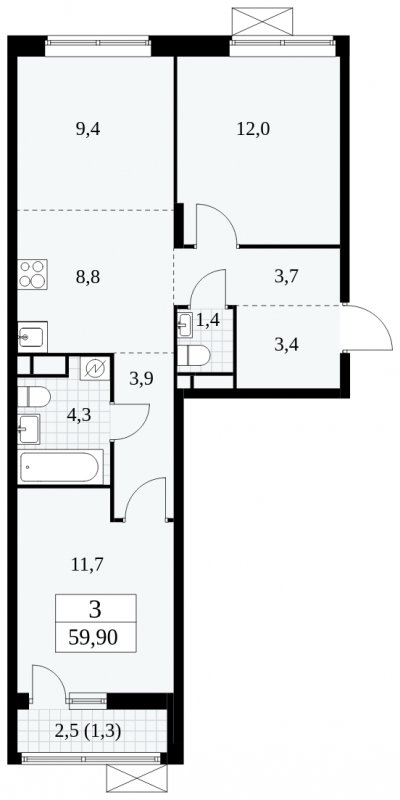 3-комнатная квартира (евро) без отделки, 59.9 м2, 3 этаж, сдача 1 квартал 2025 г., ЖК Прокшино, корпус 5.1.3 - объявление 1810792 - фото №1