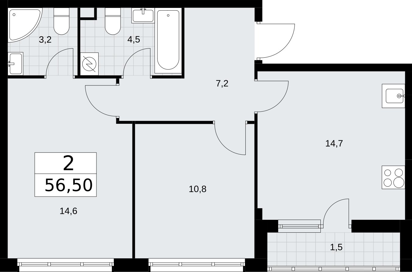 2-комнатная квартира с полной отделкой, 56.5 м2, 2 этаж, сдача 4 квартал 2026 г., ЖК Родные кварталы, корпус 1.2 - объявление 2317870 - фото №1
